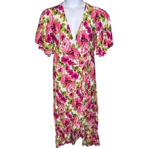 Walker & Wade Women Pink Floral Ruffle Wrap Maxi Dress One Size Resortwear Flowy